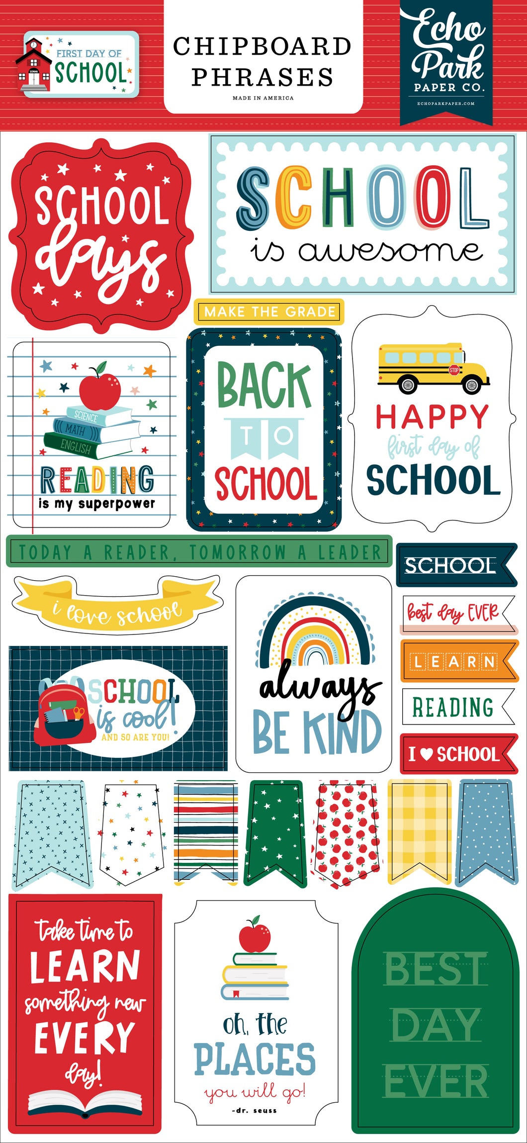 First Day of School 6x13 Chipboard Phrases
